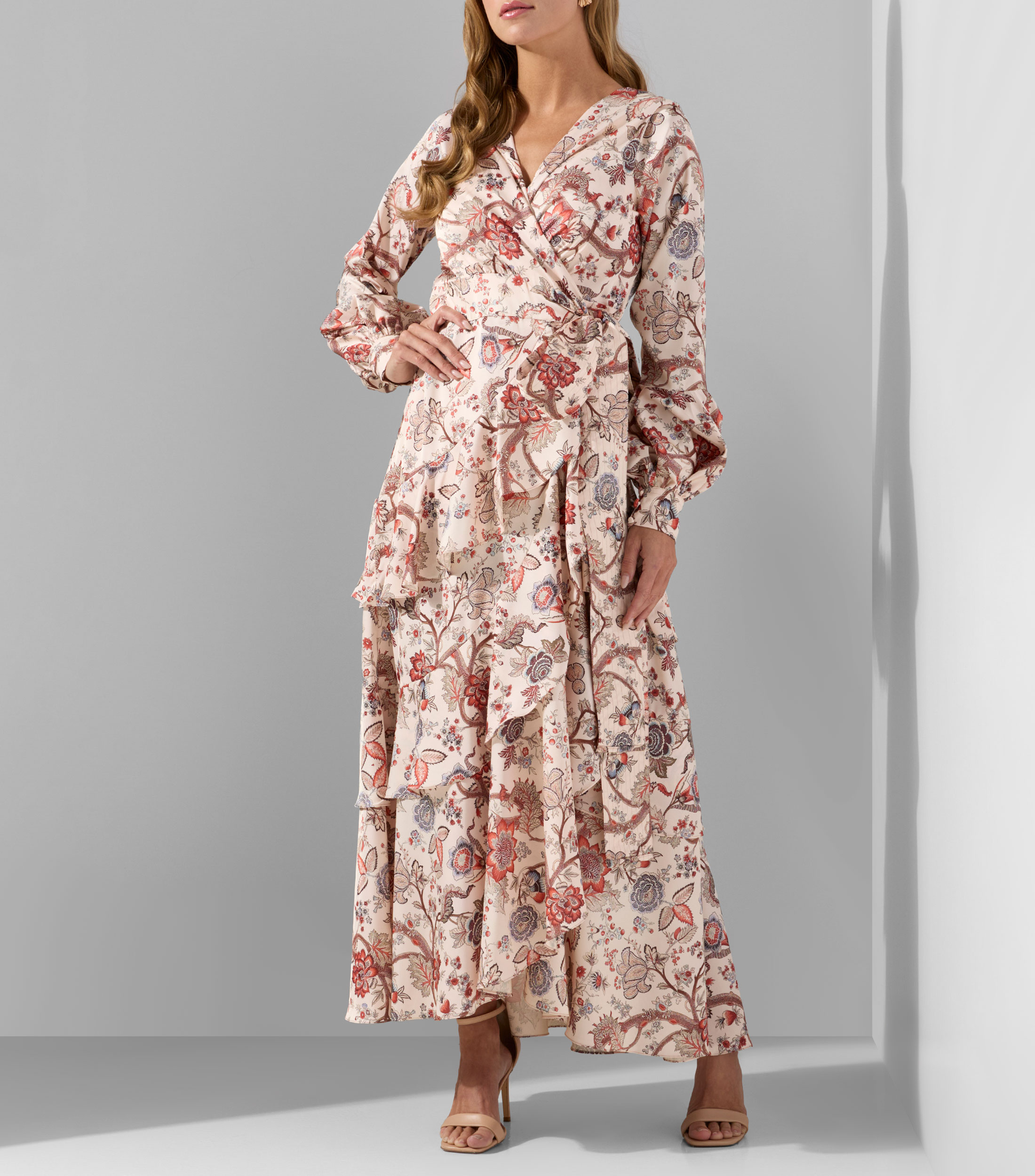 Vestido de fiesta largo manga larga con flores Mujer